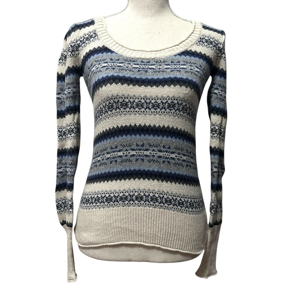 AphOrism Cream Blue Fair Isle Nordic Knit Sweater Women's S Angora Rabbit Blend
